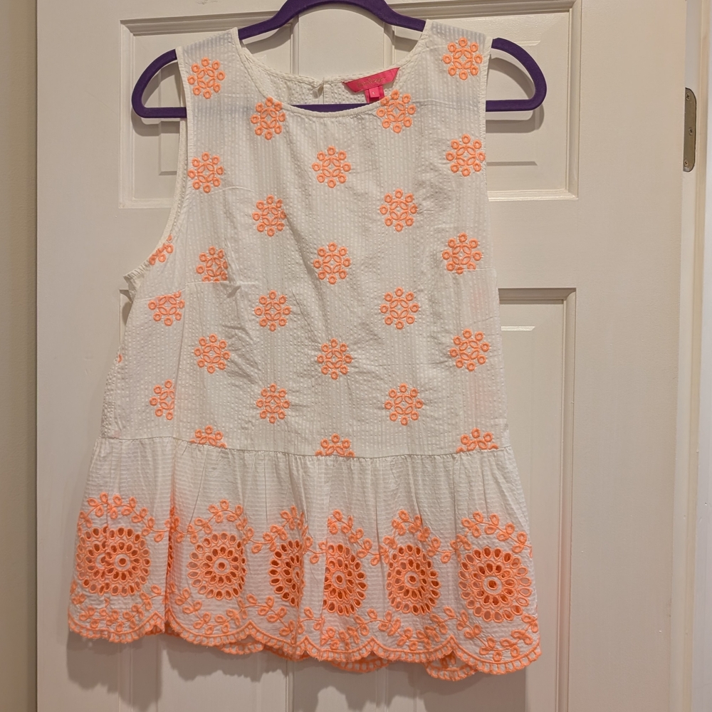 Lilly Pulitzer Lilliana Top Cantaloupe Embroidered Seersucker Size Large